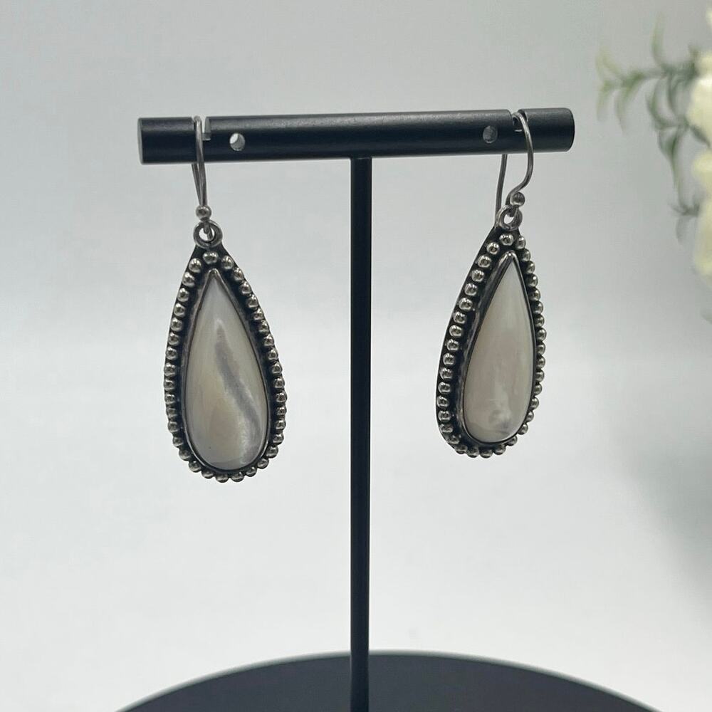 BA Indonesia 925 Mother Of Pearl Drop Dangle Sterling Silver Heavy Earrings‎